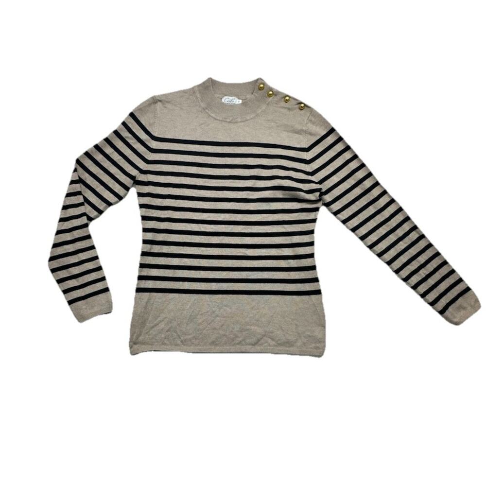 Cielo Sweater Womens M Black Tan Stripe Mockneck Top Dainty Preppy Viscose